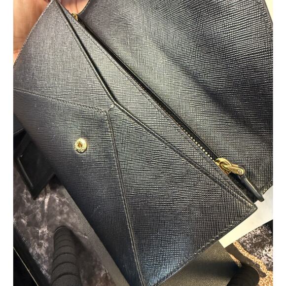 Prada Saffiano Leather Letter Continental Flap Wallet Black Authentic Card Incl - Picture 4 of 15